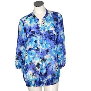 JM COLLECTION Floral Chiffon Balloon Sleeves Banded Hem Blouse Women's 1X